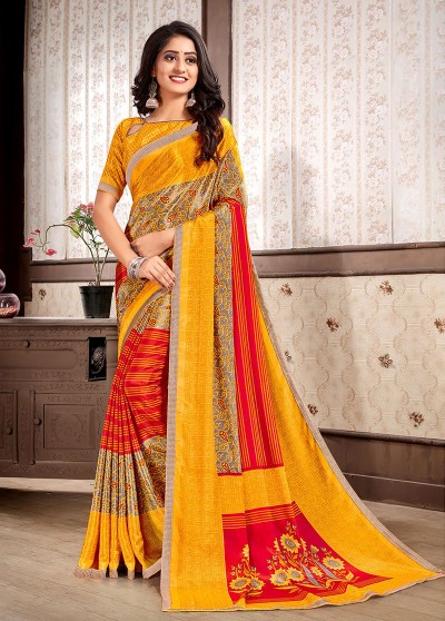 Yellow Silk Designer Printed Saree with Border 