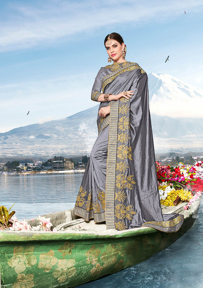 Grey Silk Heavy Bordered Saree with Embellishments