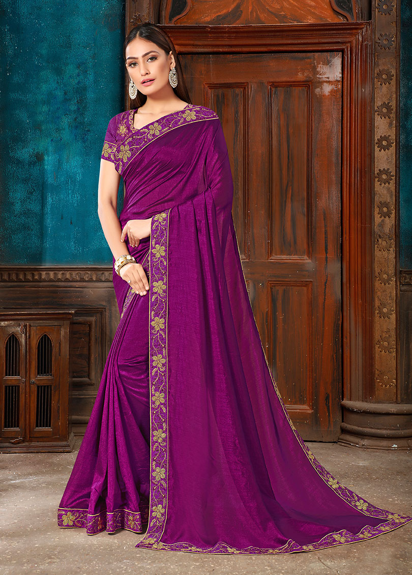 Purple Silk Elegant Bordered Saree with Embellishments