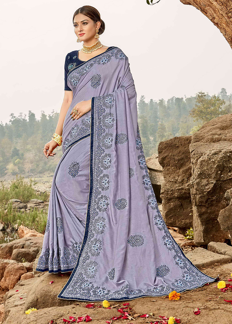 Lavender Silk Designer Embroidered Saree with Embellishments, Border