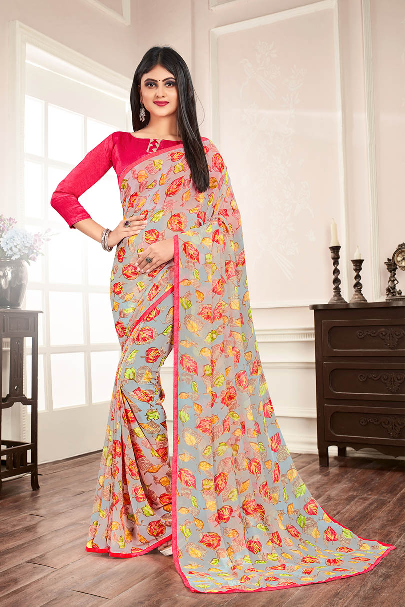 Grey Silk Floral Printed Saree with Border 