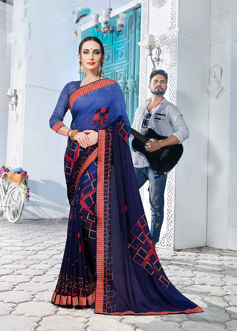 Blue Chiffon Designer Printed Saree with Border, Embellishments 