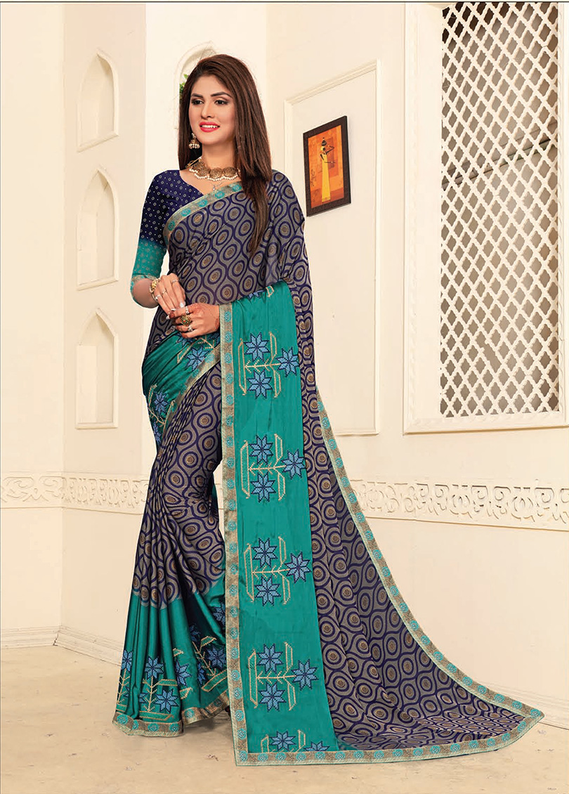 Blue Silk Printed Embroidered Saree with Border 