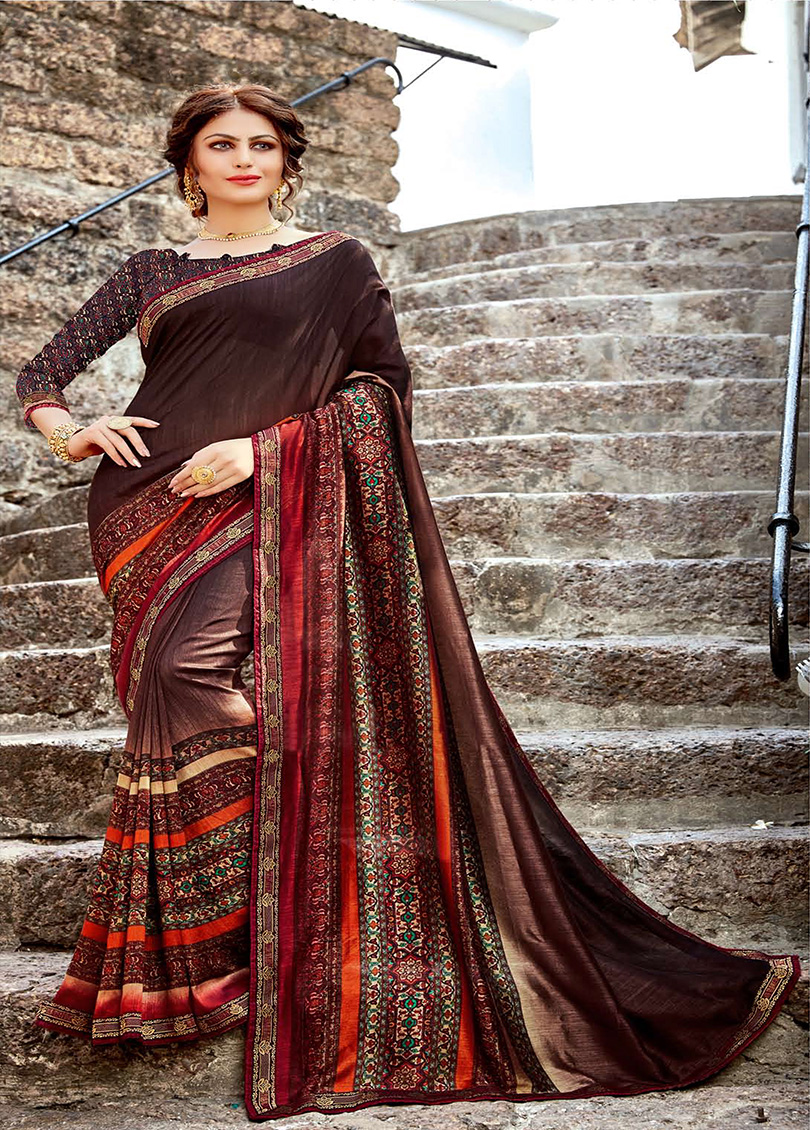 Brown Silk Designer Printed Saree with Border 