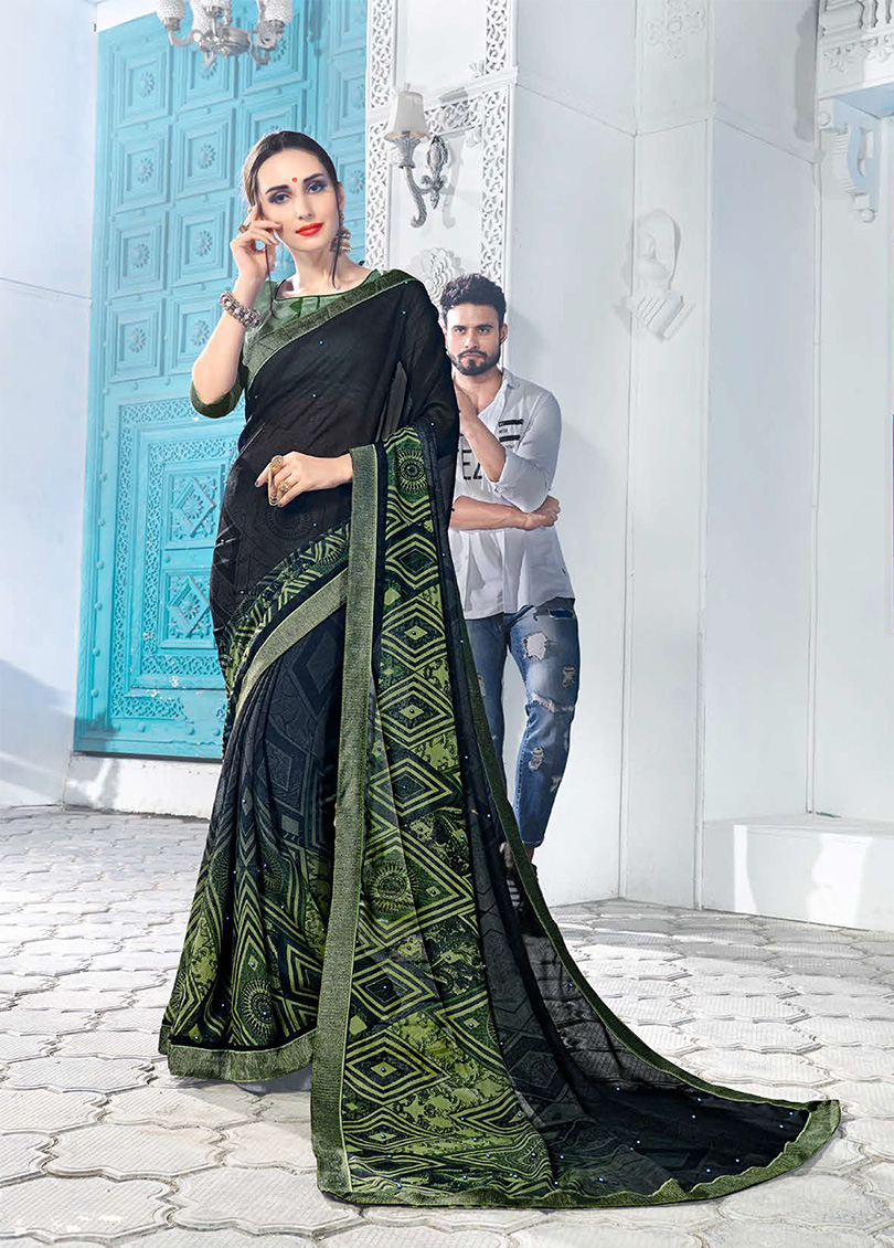 Green Chiffon Designer Printed Saree with Border, Embellishments