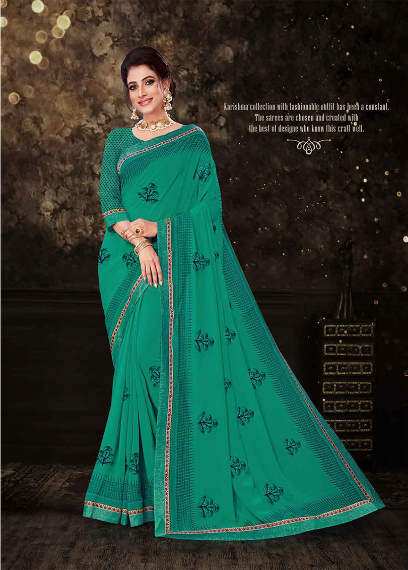 Green Georgette Printed Embroidered Saree with Border 