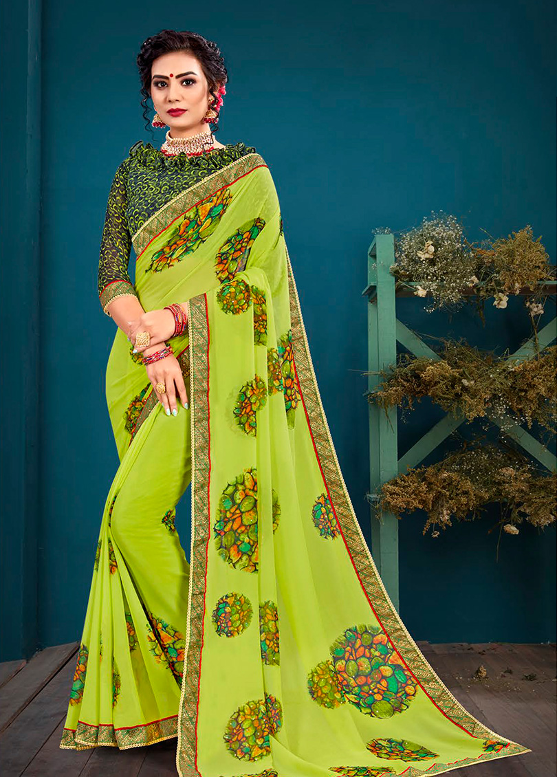 Green Georgette Printed Saree with Border, Embellishments