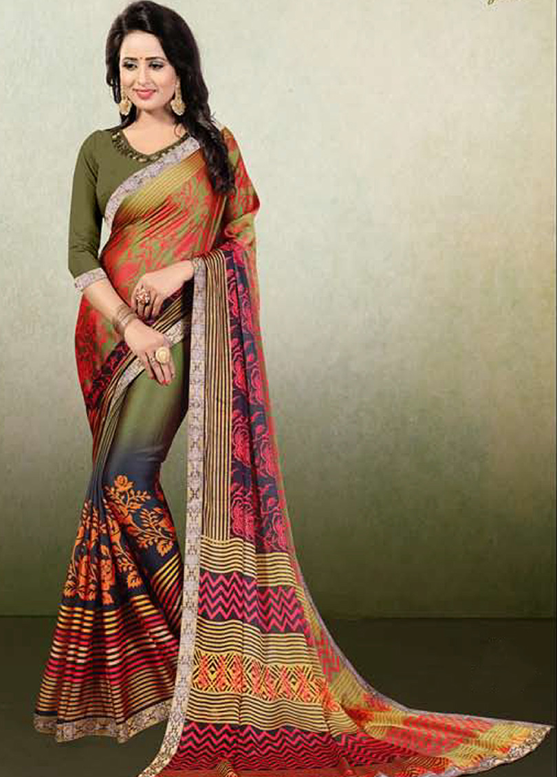 Green-Multi Chiffon Printed Saree with Border 