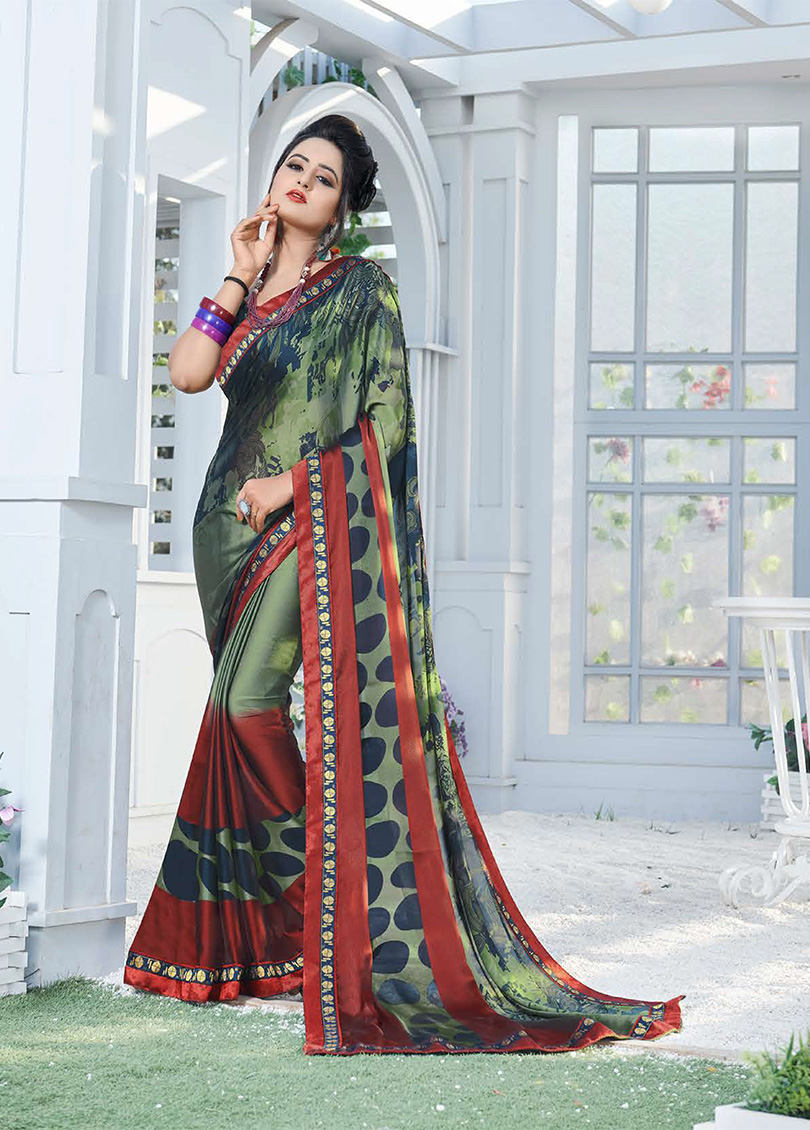 Green Silk Printed Saree with Border