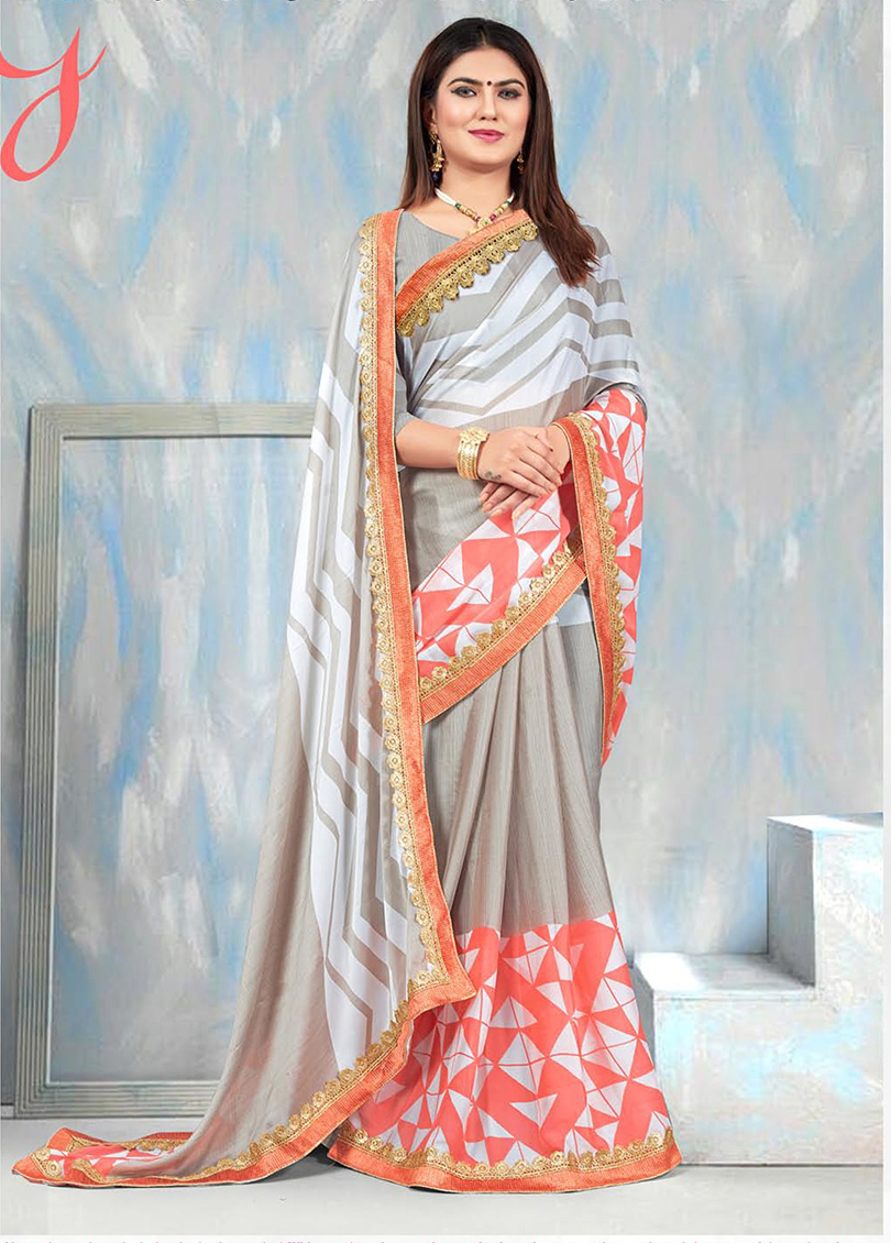 Grey Silk Designer Printed Saree with Border