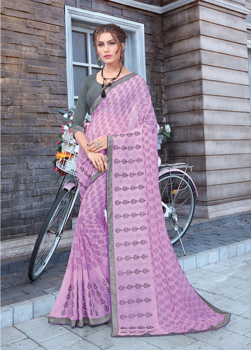 Lavender Georgette Printed Embroidered Saree with Border, Embellishments 