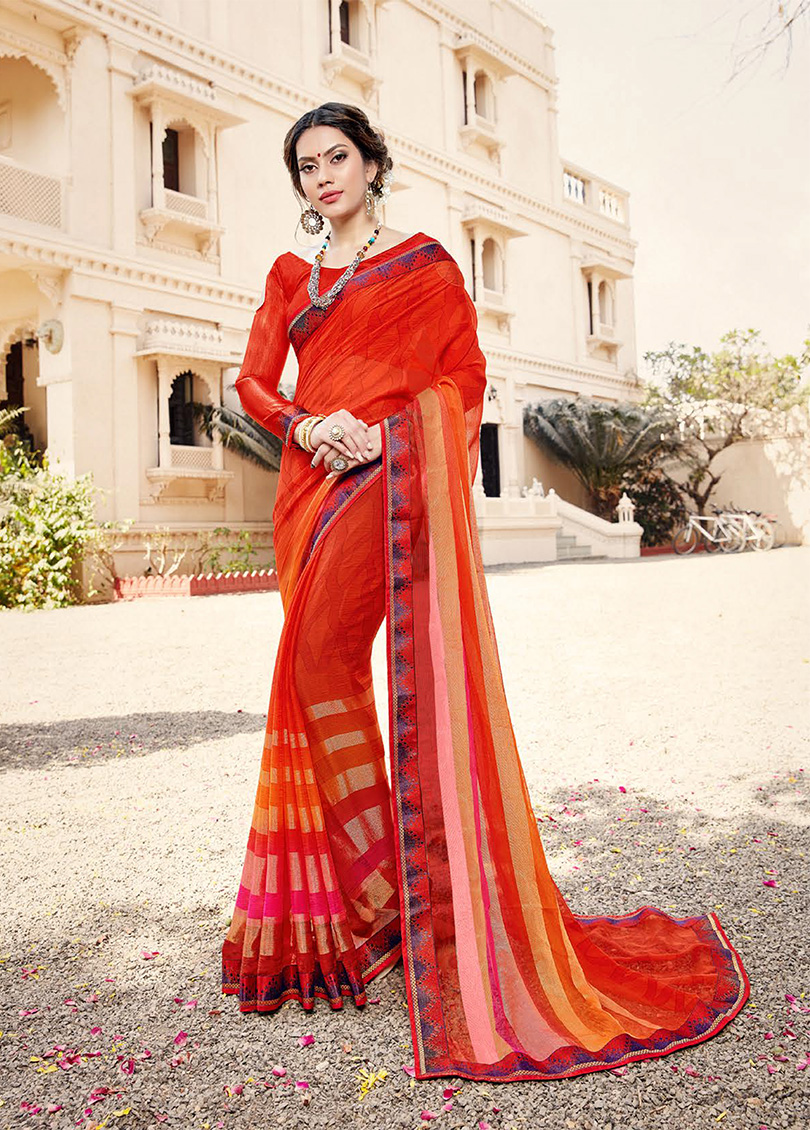 Orange-Red Georgette Designer Printed Saree with Border 