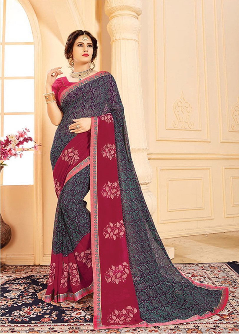 Pink Georgette Designer Printed Embroidered Saree with Border 