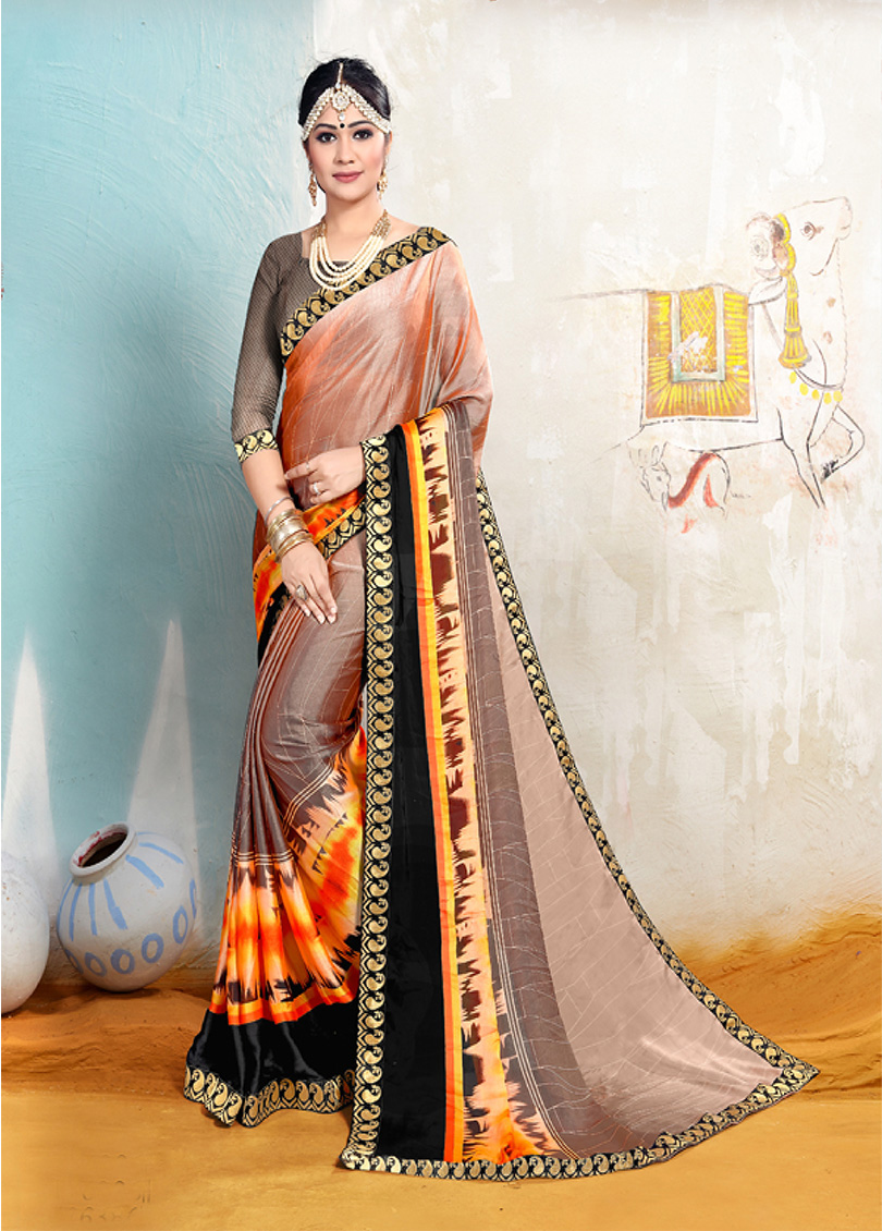 Rosy Brown Silk Designer Printed Saree with Border 