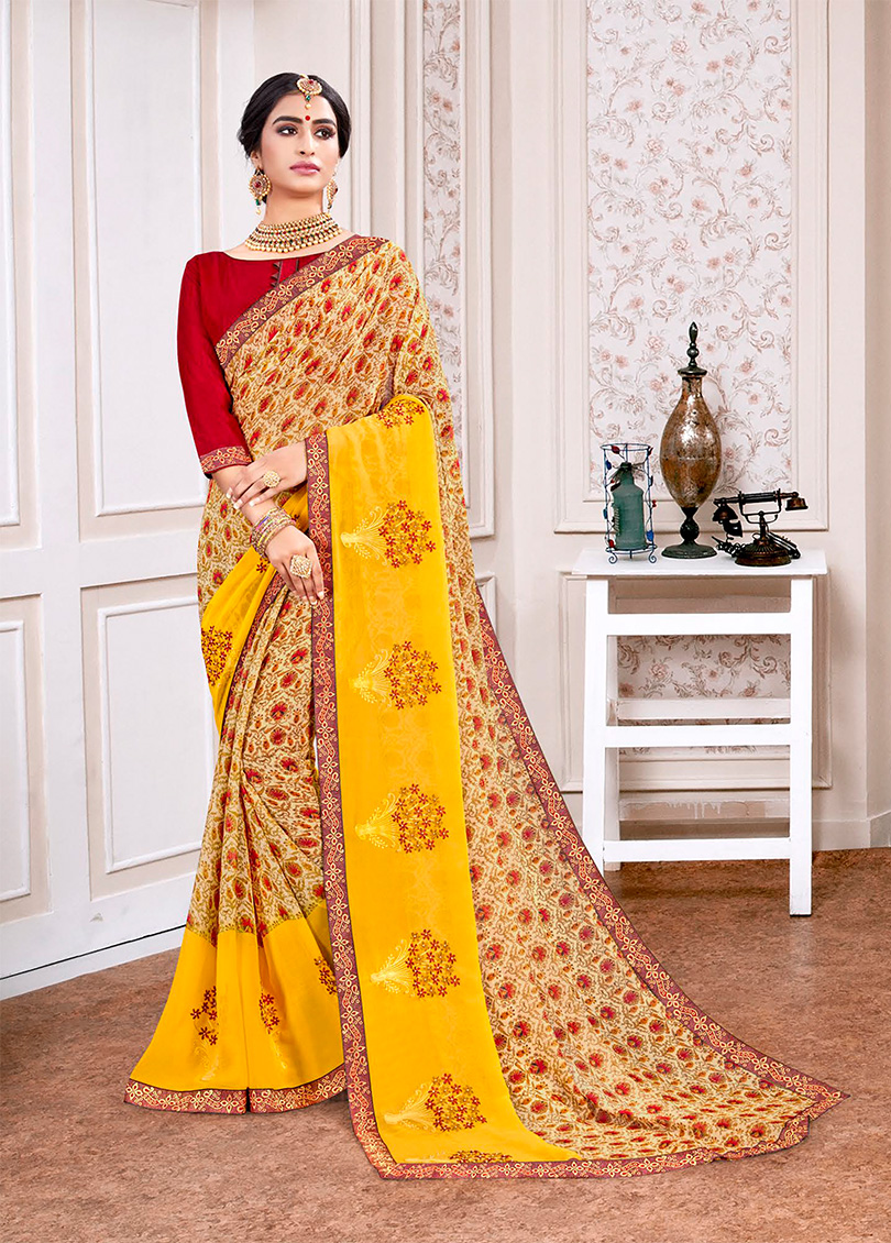 Yellow Georgette Printed Embroidered Saree with Border, Embellishments 