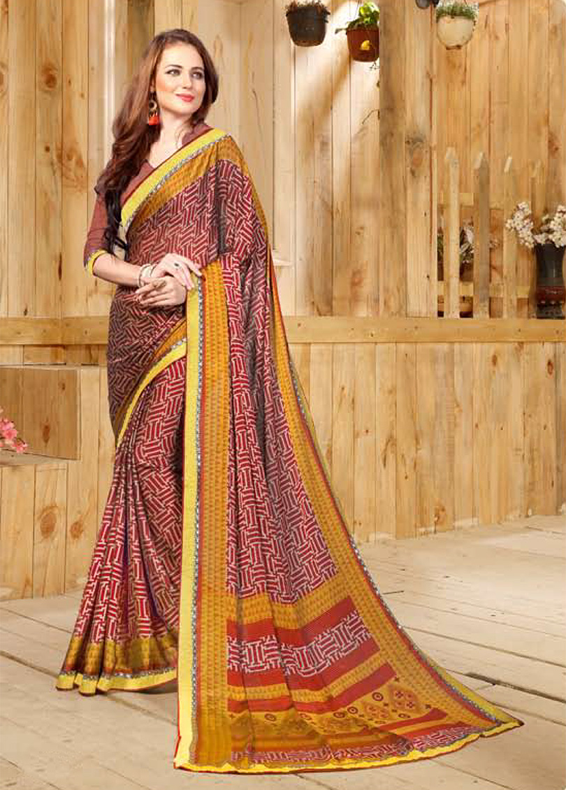 Yellow Maroon Silk Designer Printed Saree with Border 