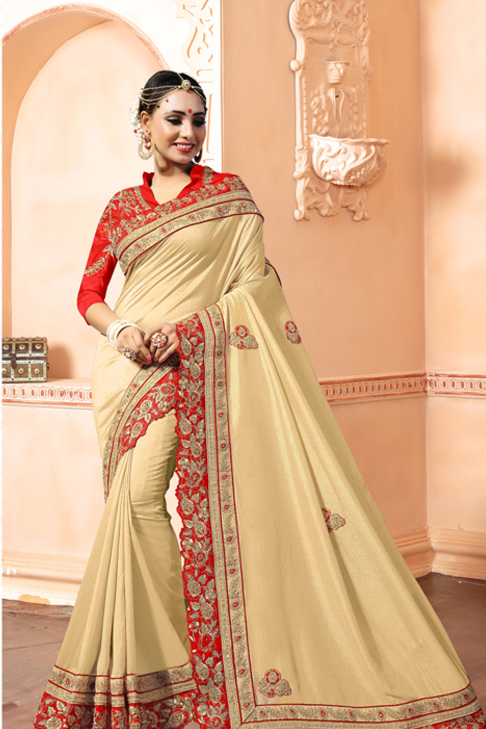 Beige Silk Designer Embroidered Saree with Embellishments, Border