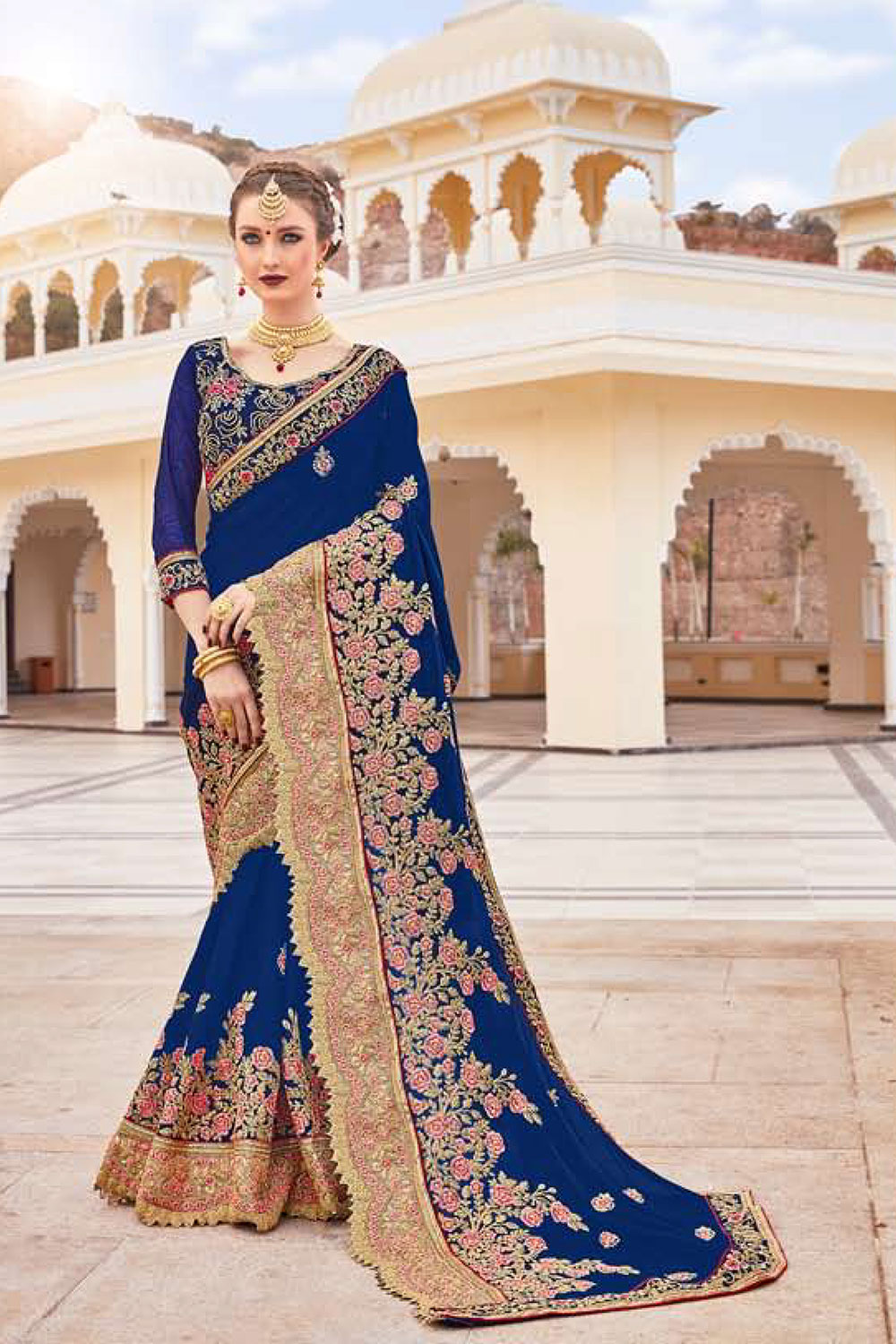 Blue Silk Embroidered Saree with Border