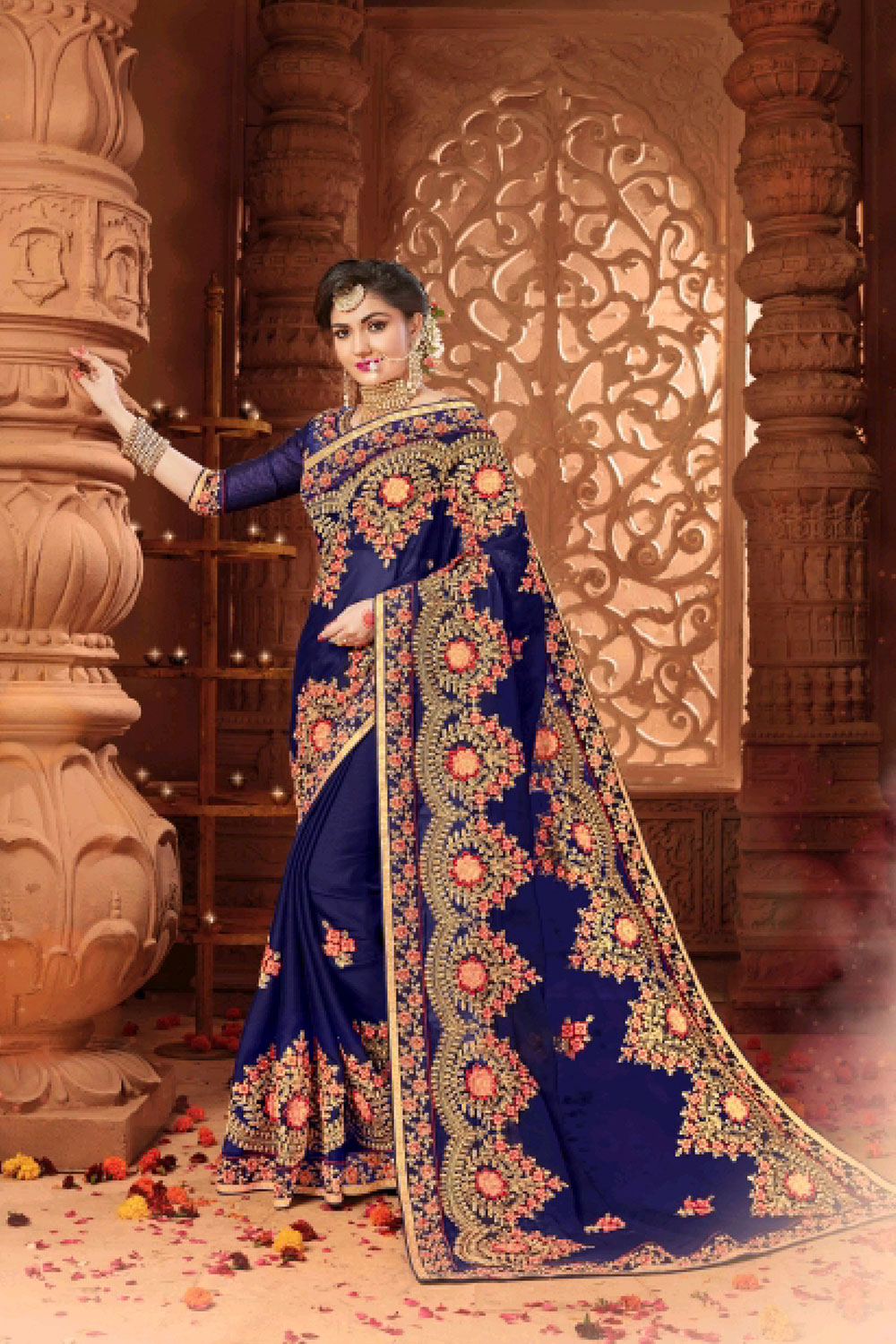 Blue Silk Heavy Designer Embroidered Saree with Embellishments, Border