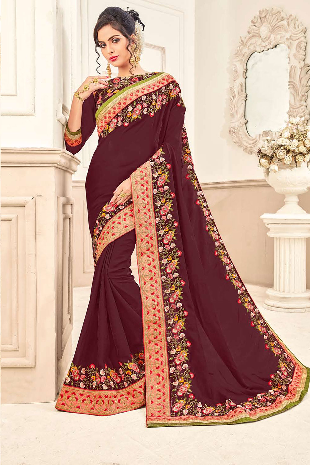 Brown Silk Embroidered Saree with Border 