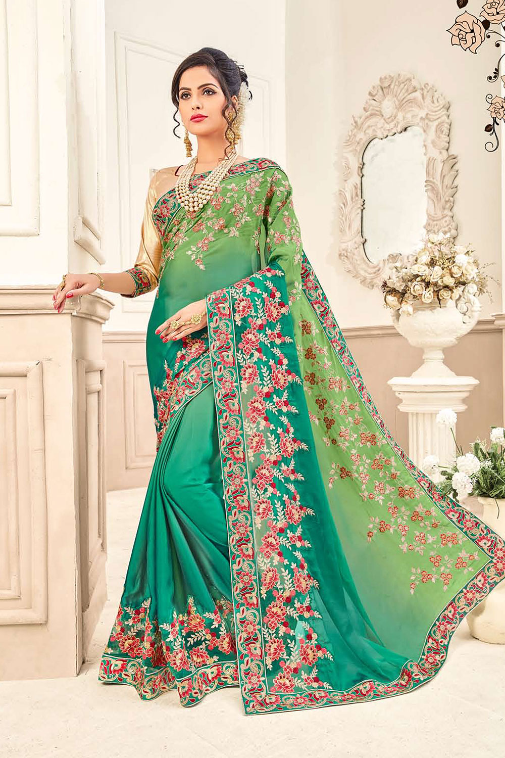 Green Silk Embroidered Saree with Border