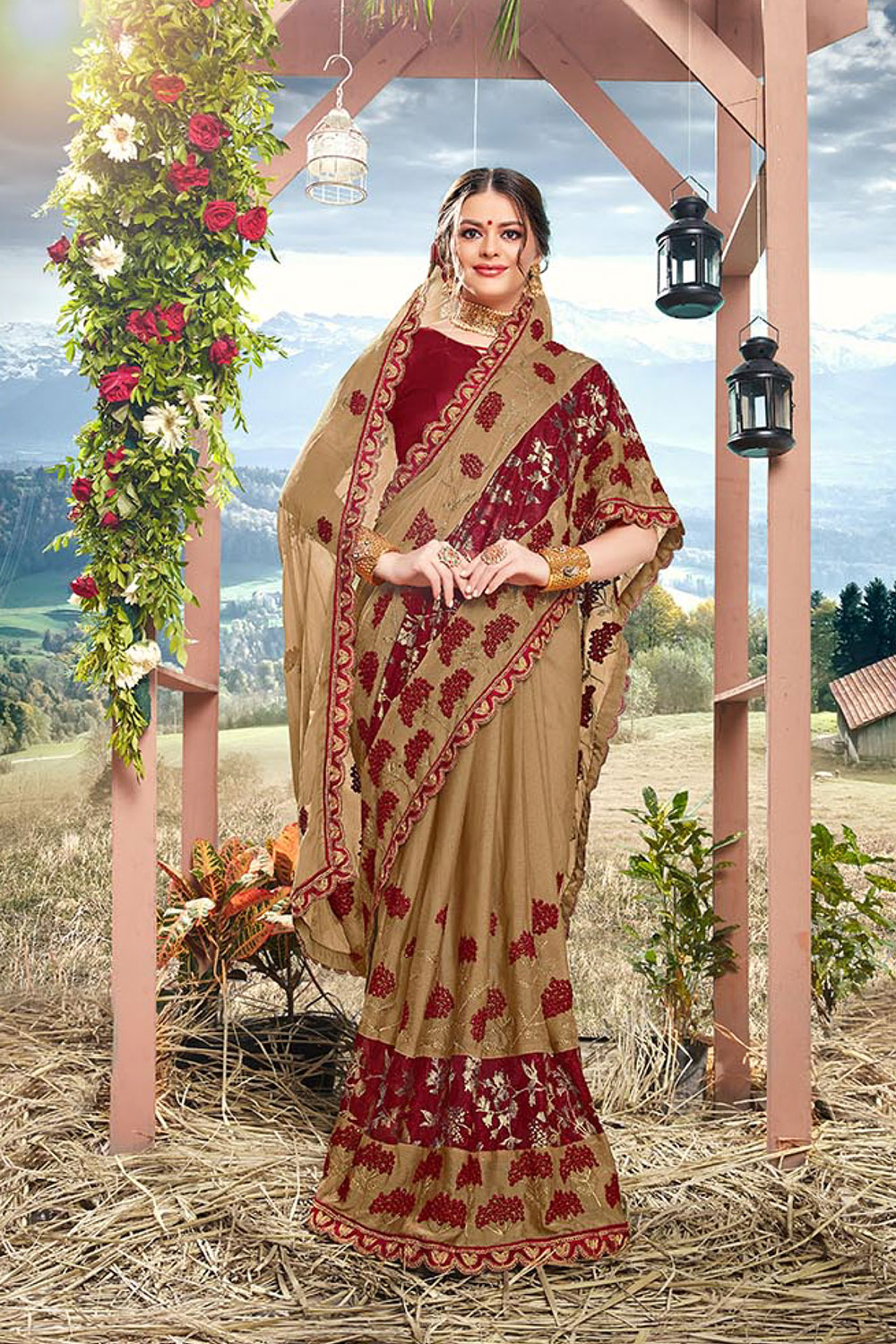 Khaki Moss Chiffon Designer Embroidered Saree with Embellishments, Border