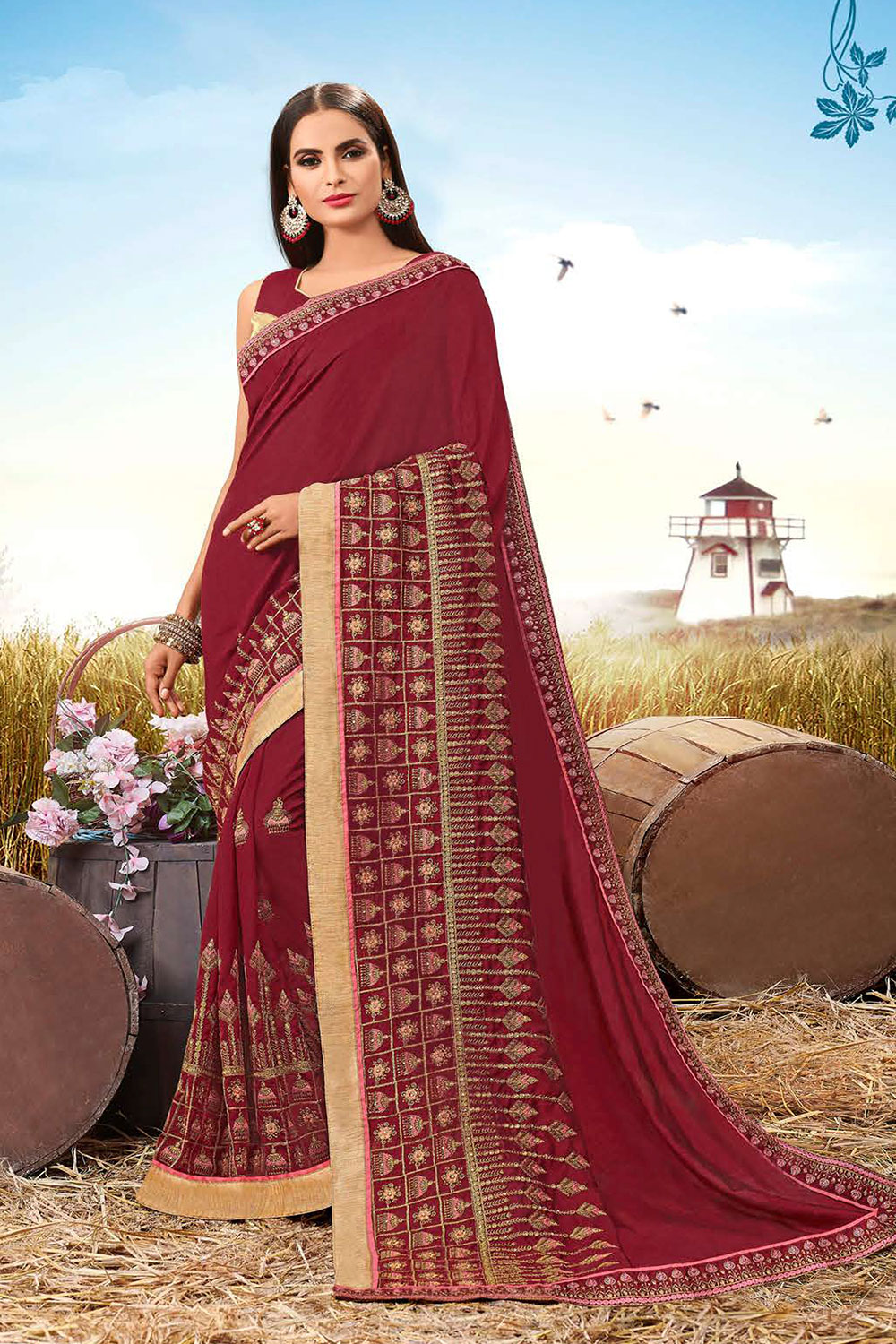 Maroon Silk Designer Embroidered Saree with Embellishments, Border