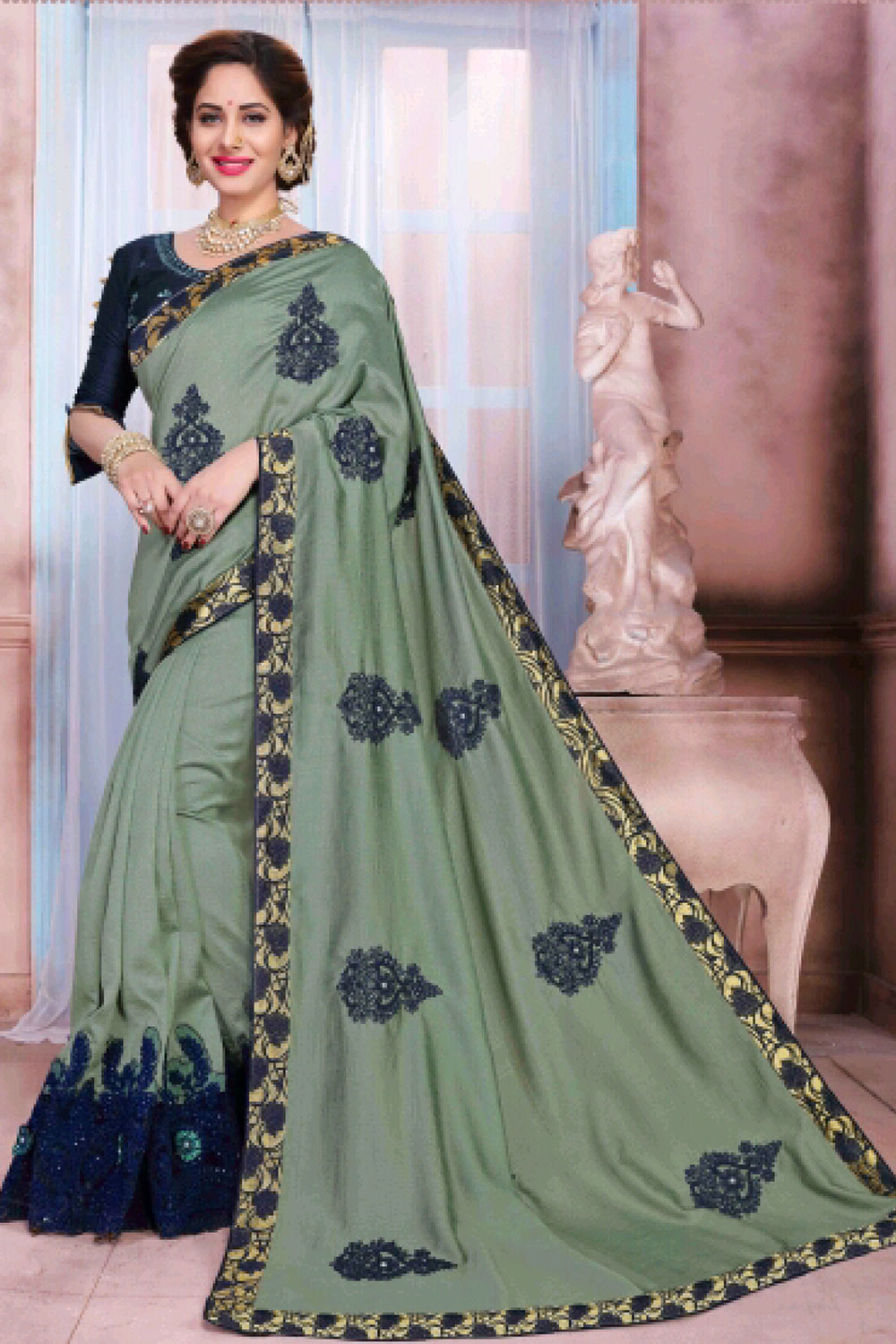 Olive Green Silk Designer Embroidered Saree with Border