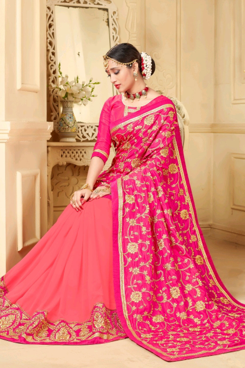 Pink Silk Half n Half Embroidered Saree with Border