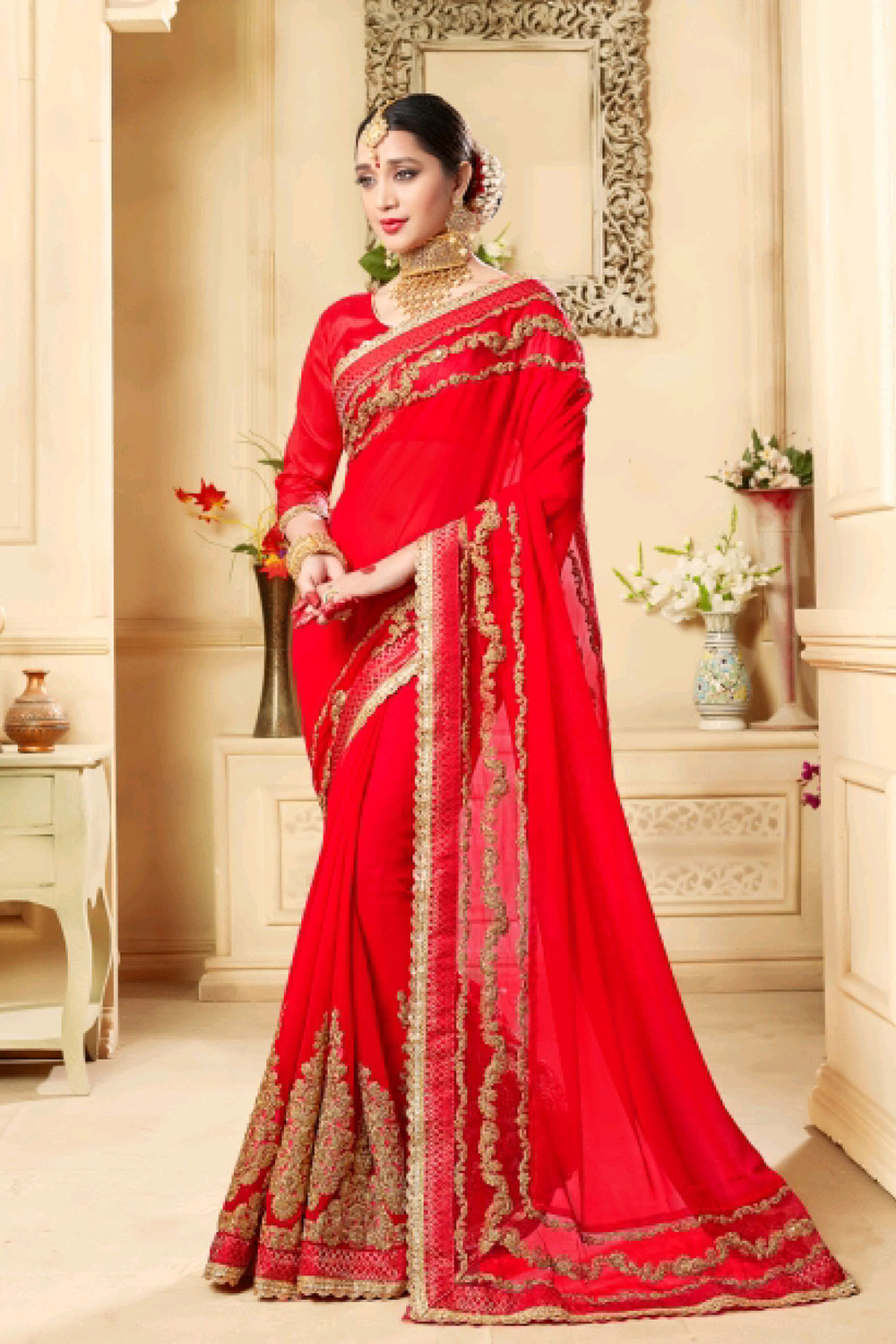 RE - Designer Yellow and Red 60GM Georgette Fancy Thread Work Saree - Sarees  - Indian