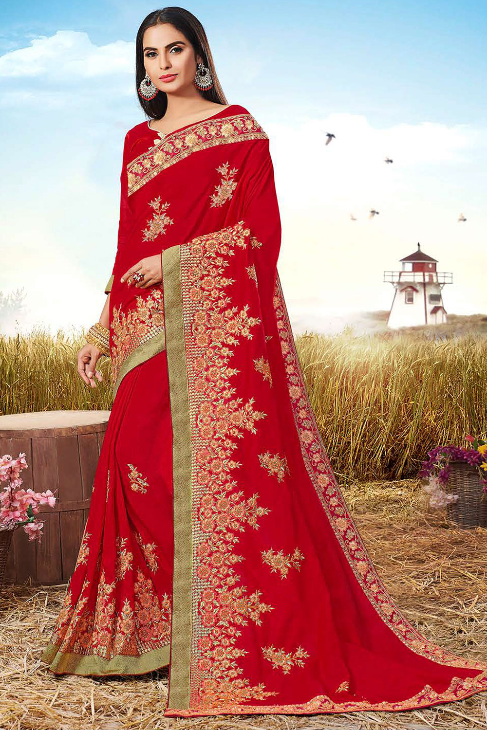 Red Silk Designer Embroidered Saree with Embellishments, Border