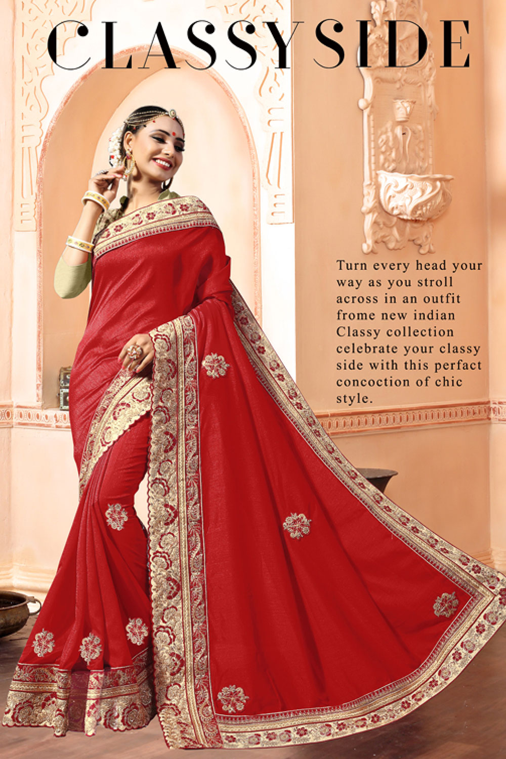 Red Silk Embroidered Saree with Embellishments, Border